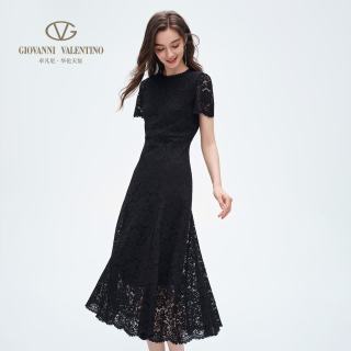 GIOVANNI VALENTINO 夏季新品短袖连衣裙收腰圆领蕾丝气质A字裙 黑色 L
