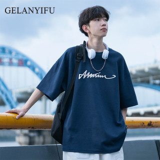 GELANYIFU短袖t恤男士夏季日系重磅纯棉休闲宽松五分袖ins发泡胶印学生半袖