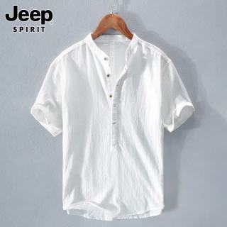 JEEP SPIRIT 吉普棉麻短袖衬衫男士夏季薄款宽松休闲衬衣外套 白色 XL