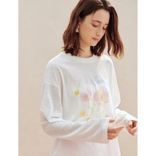 茵曼 亚麻棉|茵曼蝴蝶结印花宽松T恤2026夏季女装新款休闲百搭长袖上衣 珍珠白 M