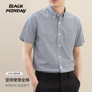 BLACKMONDAY 纯棉格子衬衫男短袖薄款全棉抗皱免烫男士正装商务休闲衬衣