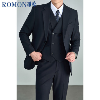罗蒙 莫代尔棉羊毛高定西装商务礼服外套男藏青XL