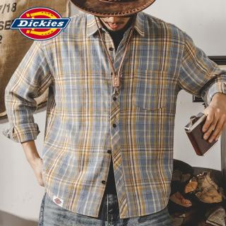 Dickies 帝酷适衬衫男休闲格纹春季薄款美式复古翻领开衫防晒长袖衬衣外套 卡其蓝格 M