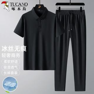 啄木鸟 短袖t恤男爸爸套装中老年翻领polo衫长裤送父亲俩件套 黑色XL