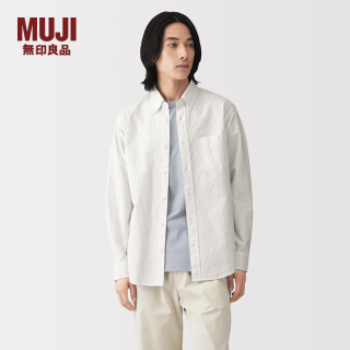 無印良品 MUJI 男式水洗牛津纽扣领长袖衬衫男士男装衬衣26年春季男款 AC4AAC6S 白色条纹 L (175/100A)