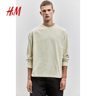 H&M 男装女装T恤夏季圆领标准长袖宽松版重磅户外出游上衣1257515 浅米色 M 175/100(EUR M)