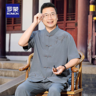 罗蒙 唐装男中老年爸爸短袖男夏装套装中国风老人衣服爷爷装男士汉服
