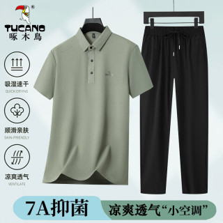 啄木鸟 短袖t恤套装男士冰感polo商务休闲裤中老年爸爸装两件套 青绿XL