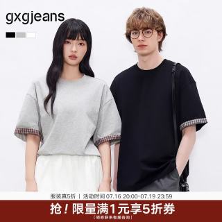 gxgjeans 男装 格纹袖口拼接美式宽松圆领短袖T恤男生26夏新品 黑色 M (170)