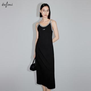 伊芙丽 秦岚代言针织无袖收腰气质粘纤连衣裙女夏装 黑色 S 155/80A