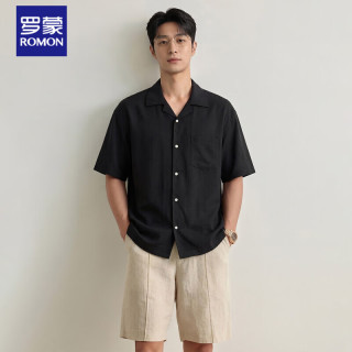 罗蒙 老钱风透气冰丝混纺古巴领短袖衬衫男士新款休闲衬衣 黑色    XL
