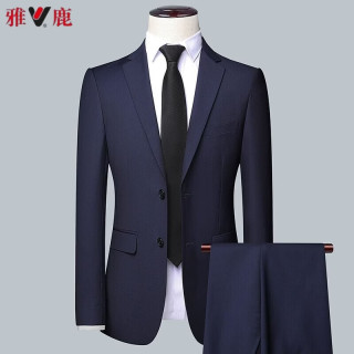 雅鹿 西服套装男士商务修身正装上班面试职业西装新郎结婚礼服兰色M