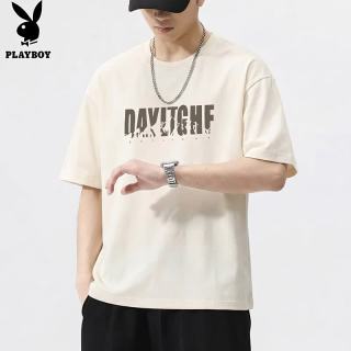 PLAYBOY 短袖T恤男士夏季纯棉印花体恤宽松半袖美式复古上衣服