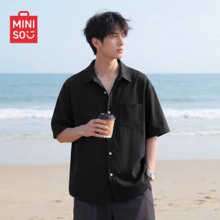 名创优品 男士短袖衬衫夏季少年感冰丝凉感休闲百搭轻薄衬衣外套 黑 M