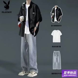 PLAYBOY 短袖T恤男青少年套装冰丝衬衫2026夏季新款三件套休闲宽松港风