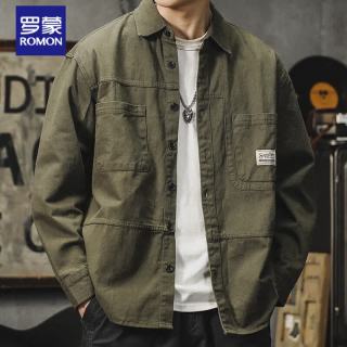 罗蒙 美式工装衬衫外套男春秋新款宽松休闲长袖衬衣 灰绿色    3XL