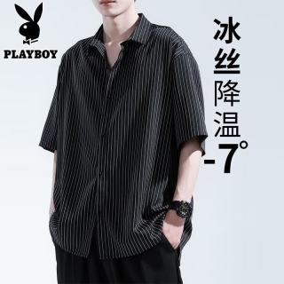 PLAYBOY 冰丝条纹短袖衬衫男士装夏季薄款凉感速干宽松休闲衬衣外套上衣服 黑条 M （38）