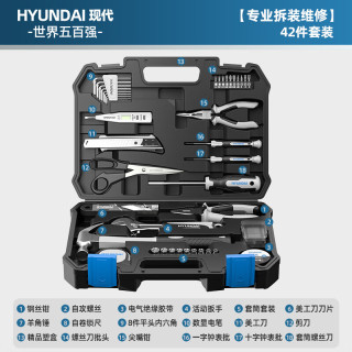 HYUNDAI 家用工具箱套装家庭电工木工电讯维修工具套装全能套装42件套