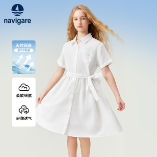 navigare 女童天丝亚麻衬衫翻领短袖连衣裙夏