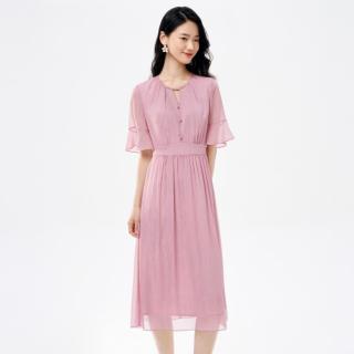 BUOUBUOU 珍珠腮红春夏季新品浪漫喇叭袖钉珠雪纺顺纡绉连衣裙女