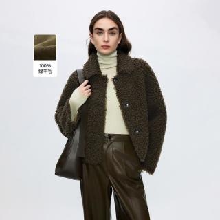 朗姿 复古短款颗粒羊毛翻领毛呢外套女保暖呢子夹克冬款