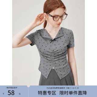 范思蓝恩 甜美辣妹植绒蝴蝶结针织T恤2024夏季新款翻领修身12529 灰色 XS