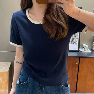 拼色U领短袖t恤女宽松显瘦百搭夏季胖mm大码女装撞色螺纹正肩上衣