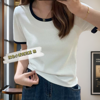 宽松显瘦正肩短袖t恤女U领撞色百搭圆领胖妹妹大码女装夏季上衣