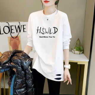 爆款破洞中长款精梳棉长袖T恤女圆领正肩上衣打底衫白色宽松内搭