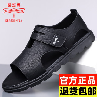 DRAGON-FLY 正品男鞋凉鞋真皮夏季新款休闲软底防滑沙滩鞋潮流罗马凉鞋