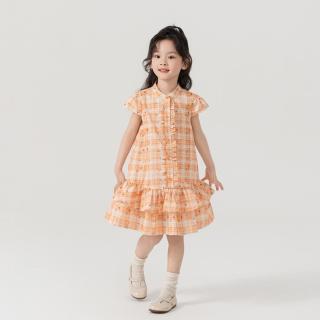 insbobo 童装女童连衣裙夏装儿童公主裙洋气时髦女孩格子裙大童衬衫裙