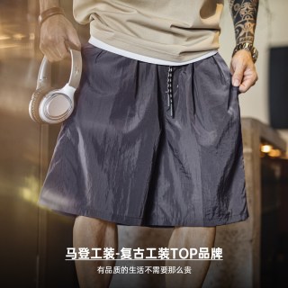 马登 工装美式复古宽松阔腿五分裤运动健身军绿色薄款短裤男士夏季 暗夜紫色  S