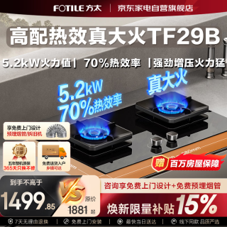 方太 嵌入式燃气灶天然气双灶台5.2kW大火力70%热效率爆炒厨房家用双眼猛火灶具超一级能效 TF29B