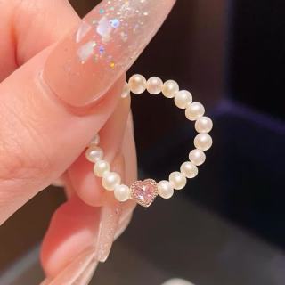 花饰庄园 粉色锆石爱心戒指女轻奢小众甜酷风在逃公主仿珍珠可调节食指戒批 仿珍珠爱心戒指(铜镀香槟金色)