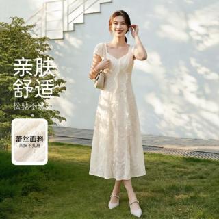 限尺码：马克华菲 女装欧美风修身显瘦高腰时尚蕾丝连衣裙夏季轻薄透气短袖名媛裙子