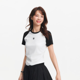 森马 凉感T|短袖T恤女夏季撞色插肩袖褶皱刺绣小心机上衣