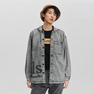 Lee 商场同款秋季舒适版浅灰色男连帽长袖牛仔衬衫潮流休闲