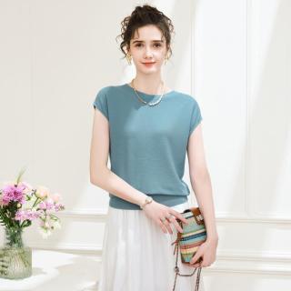 兔皇 纯色极简风百搭连肩袖夏圆领轻薄女针织衫短袖