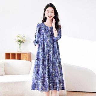斯尔丽 夏季休闲宽松七分袖中长裙女式时尚亮片高级感印花连衣裙