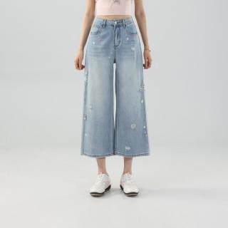 飞鸟和新酒 破洞钉珠直筒牛仔八分裤女2026夏季薄款高腰宽松窄版阔腿裤