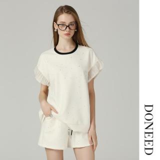 DONEED 夏季时尚减龄运动风落肩袖上衣松紧腰短裤烫钻两件套