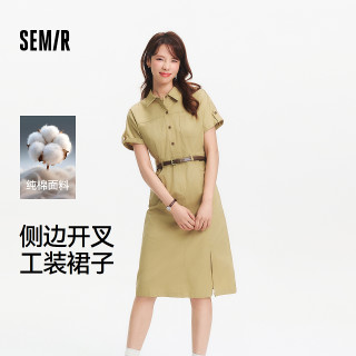 森马 女士连衣裙 衬衫领开叉中长裙