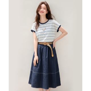 TERRE BLEUE 裙套装女2026夏季户外宽松透气短袖t恤针织衫百搭半身裙两件套