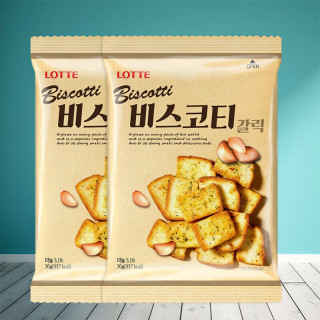 乐天 非油炸蒜香味烤面包片70g*2袋装休闲酥脆韩国进口零食烤馍片