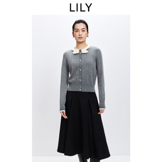 LILY 2026春新款女装含羊毛格雷系撞色打结圆领通勤套头针织衫短款 501灰色