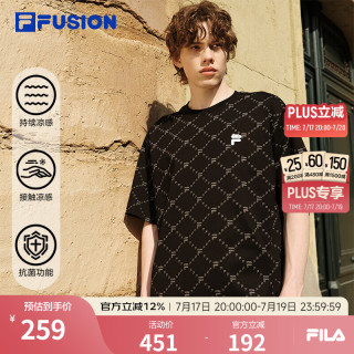 FILA FUSION斐乐潮牌情侣款针织短袖衫2026夏新款凉感舒适宽松T恤上衣 正黑色-BK