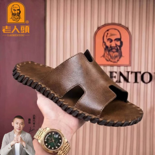 老人頭 老人头高端沙滩鞋真皮男士一字拖鞋夏季外穿软底防滑驾车凉拖鞋大码男鞋 赤褐棕 45
