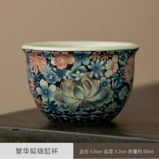 棠门 复古开片汝瓷压手杯繁花似锦