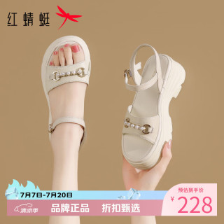 红蜻蜓 女鞋休闲羊皮革凉鞋 夏季一字带串珠凉鞋百搭优雅女士沙滩凉鞋子