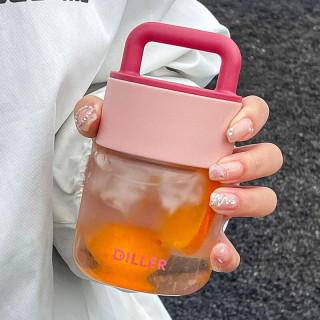 北牧星 迷你水杯玻璃小奶杯咖啡牛奶便携外带胖胖可爱杯子女大肚杯 提手胖胖杯-粉色